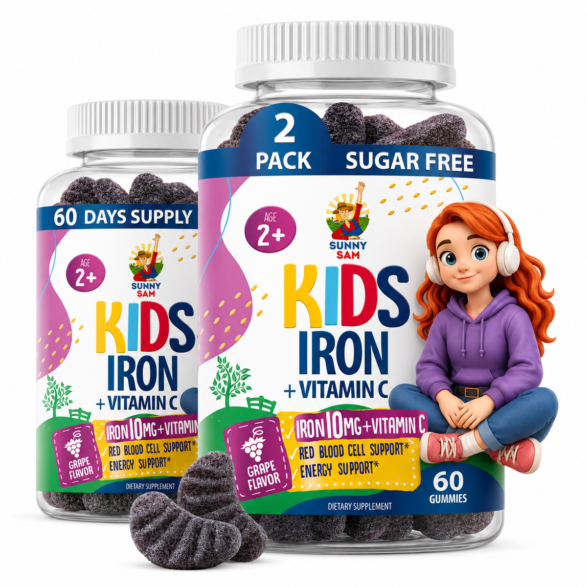 SUNNY SAM Kids Iron + Vitamin C gummies, two-pack of 60 count bottles, 60 day supply