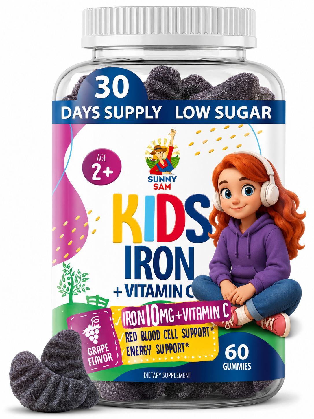 SUNNY SAM Kids Iron gummies with vitamin C, 60 count bottle, grape flavor, ages 2+