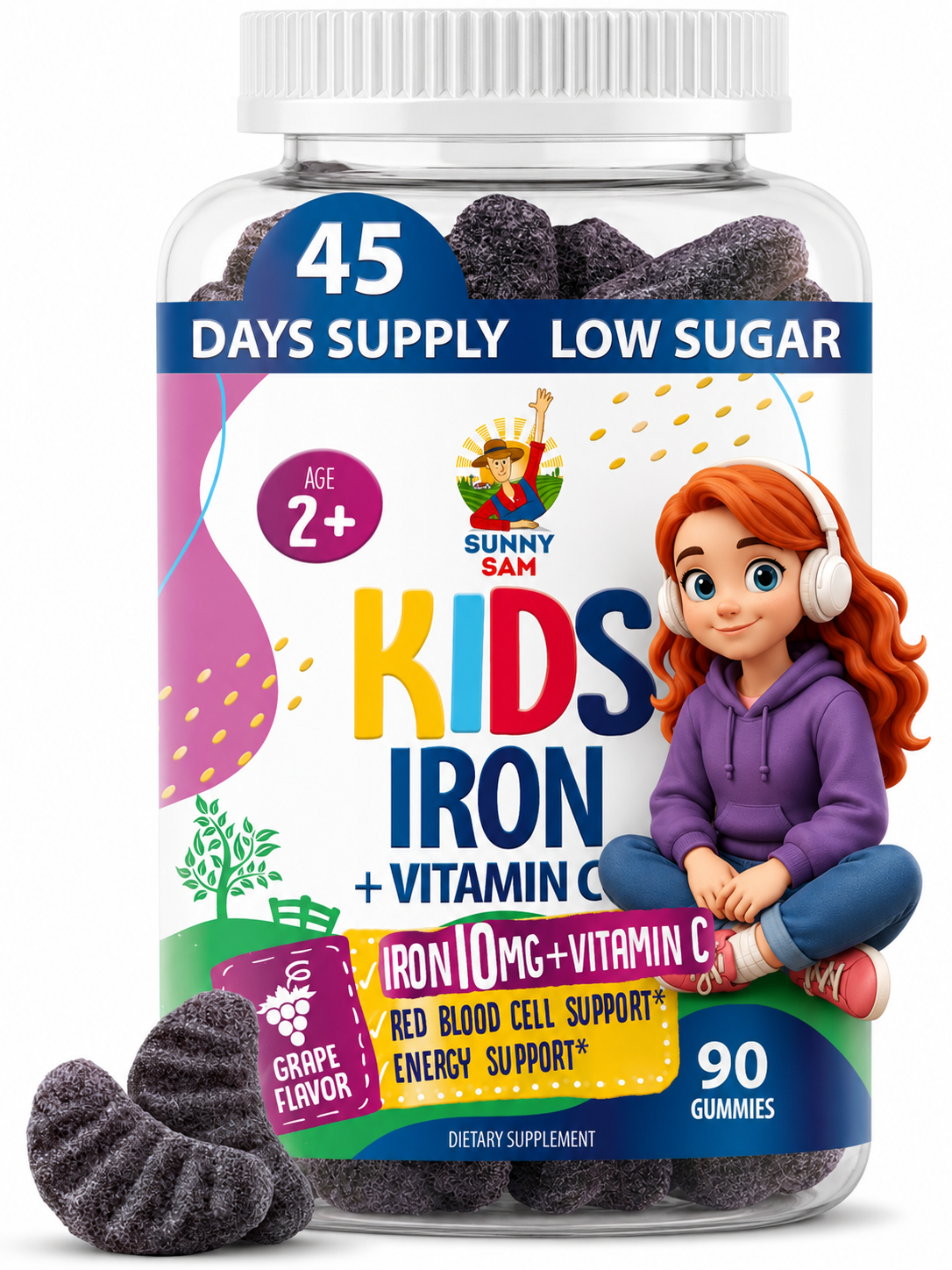 SUNNY SAM Kids Iron + Vitamin C gummies, 90 count bottle, 45 day supply