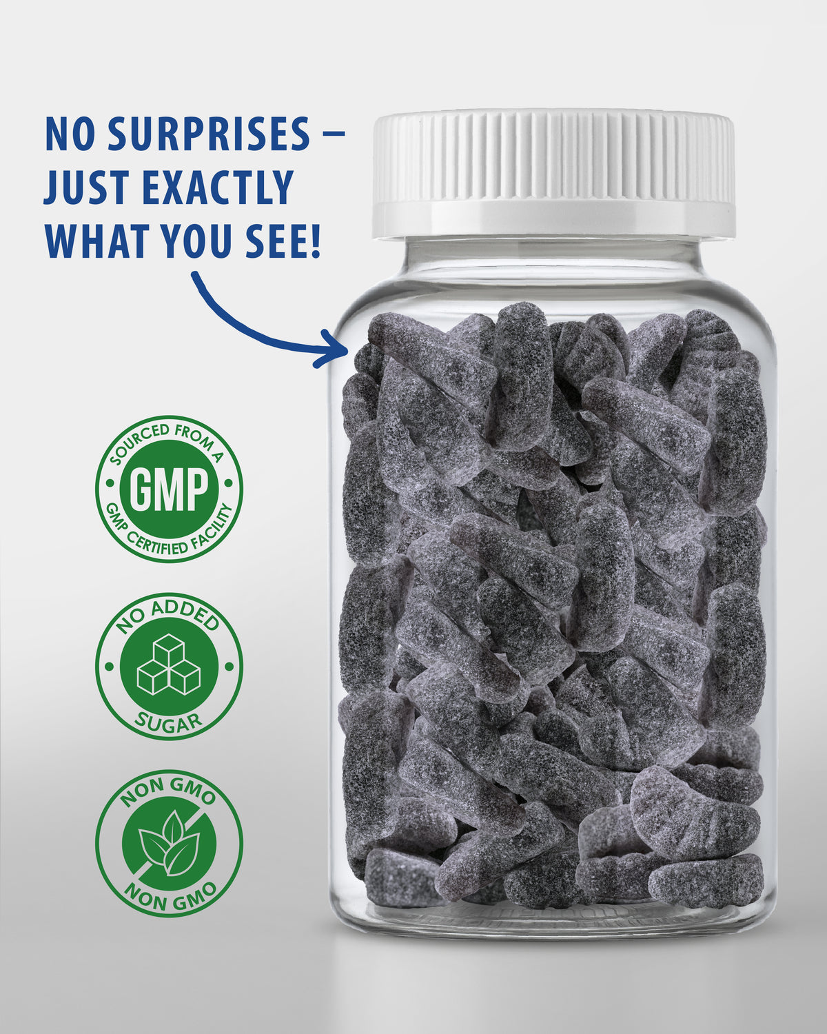 Clear jar filled with purple iron gummies, GMP certified, no added sugar and non-GMO