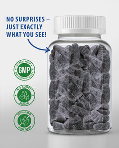 Clear jar filled with purple iron gummies, GMP certified, no added sugar and non-GMO