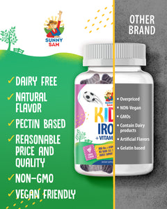 Comparison chart: dairy-free, pectin-based, non-GMO vegan iron gummies versus other brands with gelatin and artificial flavors