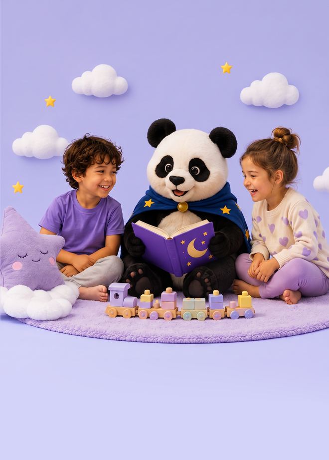 Children reading with Sunny Sam’s friendly panda character