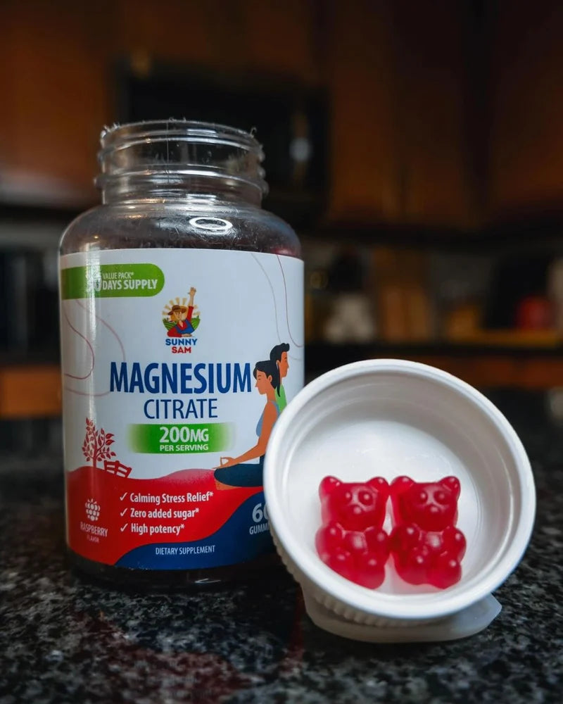 Sunny Sam adult Magnesium Citrate bottle and gummies.