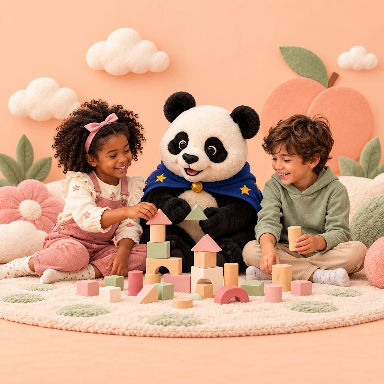 Playful campaign illustration of children building with blocks beside Sunny Sam’s panda